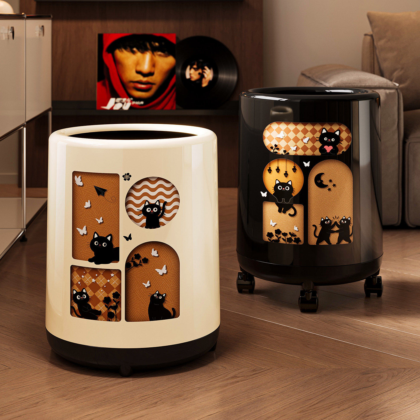 垃圾桶家用新款轻奢高档创意奶油风带滑轮翻盖高颜值卫生间客厅