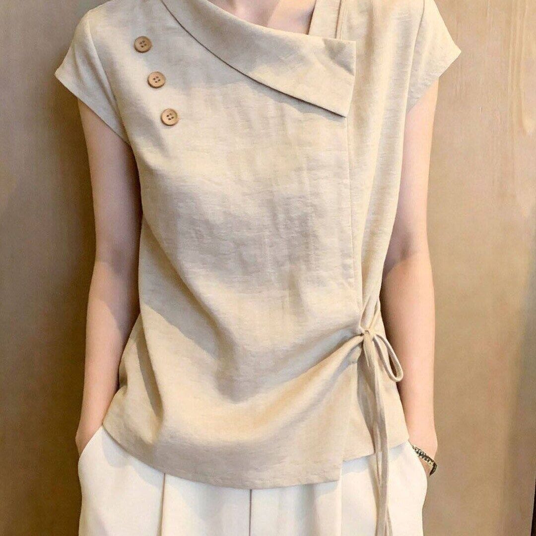 棉麻亚麻上衣女高端短袖女士衬衫2026夏季新款妈妈遮肚子显瘦衬衣