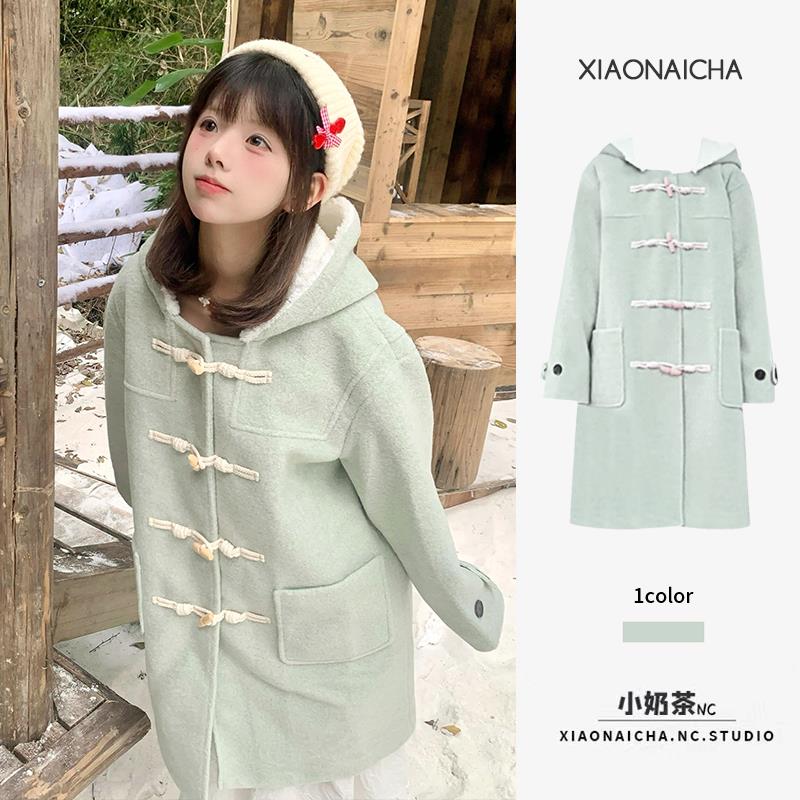 韩系薄荷绿连帽牛角扣毛呢外套女秋冬季小个子中长款加厚呢子大衣
