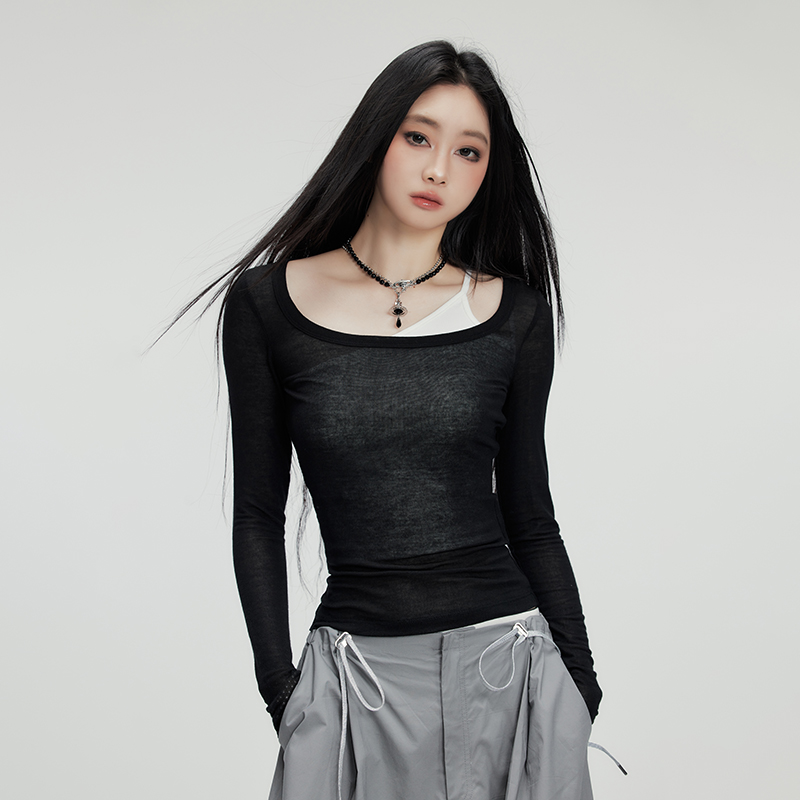 Lexuris乐序  黑白叠穿两件套T恤两穿 热辣显身材打底衫上衣