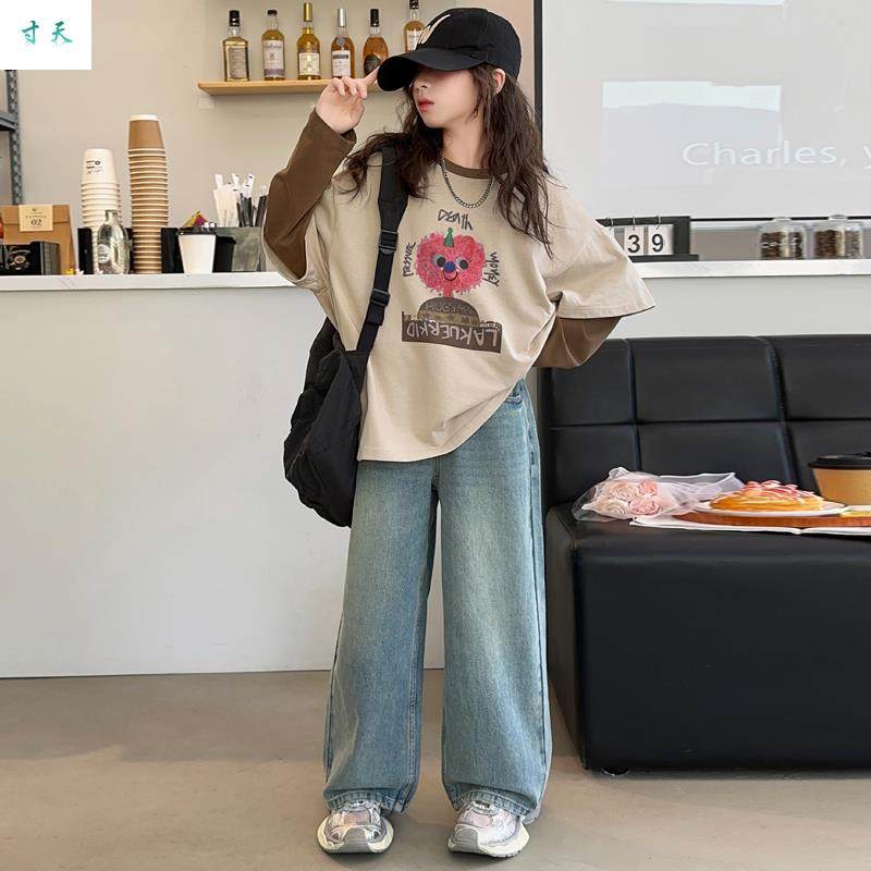 百搭女童假两件卡通T恤春秋2024新款中大童拼色领长袖打底衫休闲,童装/婴儿装/亲子装,T恤,淘宝优惠券,粉丝福利购,淘宝优惠卷