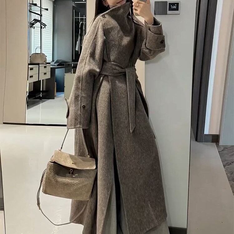 新款氛围感韩系复古灰咖色大衣女气质中长款宽松过膝