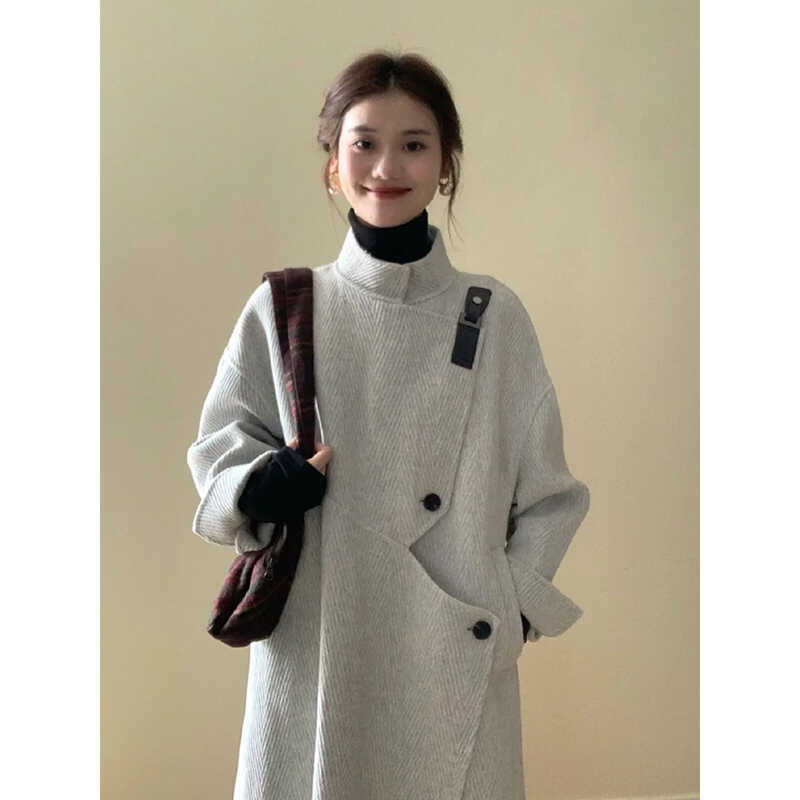 人字纹呢子大衣女秋冬季新款毛呢外套高级感小个子韩系慵懒风