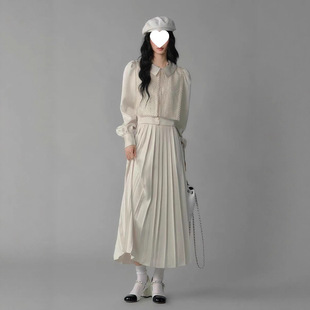 新款 秋季 白色香风外套宫廷设计百褶裙气质通勤两件套套装 蕾丝新款