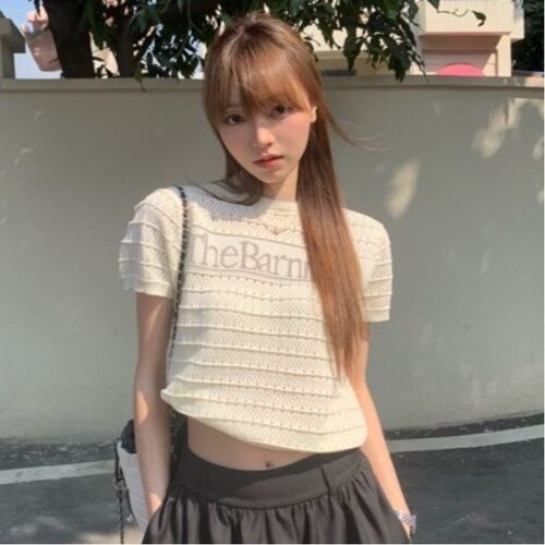 韩系甜美圆领镂空短袖针