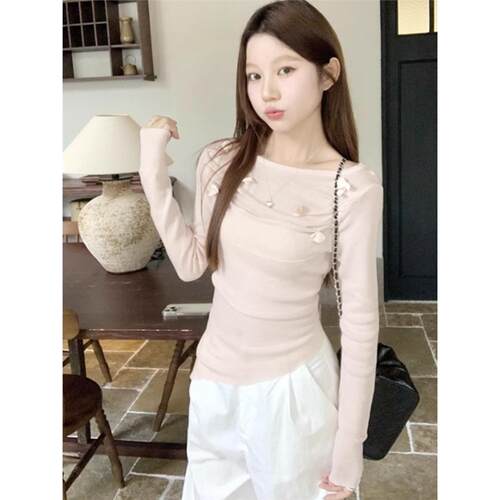 立体玫瑰花朵褶皱上衣女