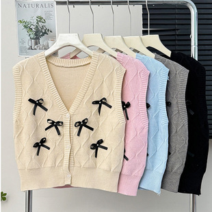 学院风立体蝴蝶结V领无袖 毛衣马甲女秋洋气减龄外搭叠穿针织上衣