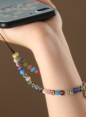 彩色千花琉璃手机挂绳白色小花手腕挂件女生串珠链防丢手机壳挂链