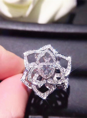 宁语速卖通wish热卖镀18K白金满钻心形玫瑰花仿真锆石订婚戒指女