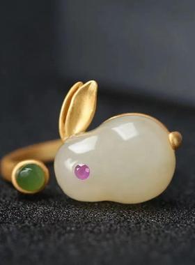 玉兔戒指女时尚中国风可调节食戒