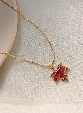 微镶锆石红枫叶项链女网红饰品