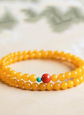 蜜蜡手串女款仿鸡油黄色琥珀仿绿松石多宝手链双圈个性女款多圈