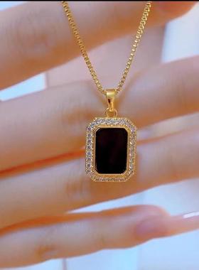 黑色方牌锆石项链女时尚小众设计