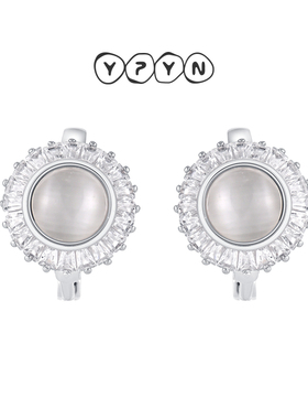 一撇一捺YPYN银色光芒耳饰猫眼石耳扣女S925银椭圆形几何款耳环