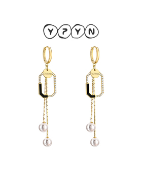 一撇一捺YPYN时尚几何耳扣流苏中长款黑金撞色长方形耳环2024年新