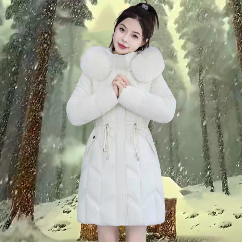 白色长款羽绒服女冬季新款韩版收腰显瘦大毛领加厚保暖棉衣外套