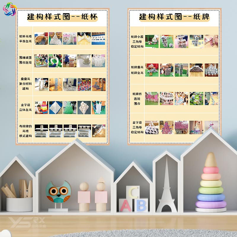 幼儿园区角环创建构区积木搭建主题金字塔纸牌叠高连接技巧墙贴画