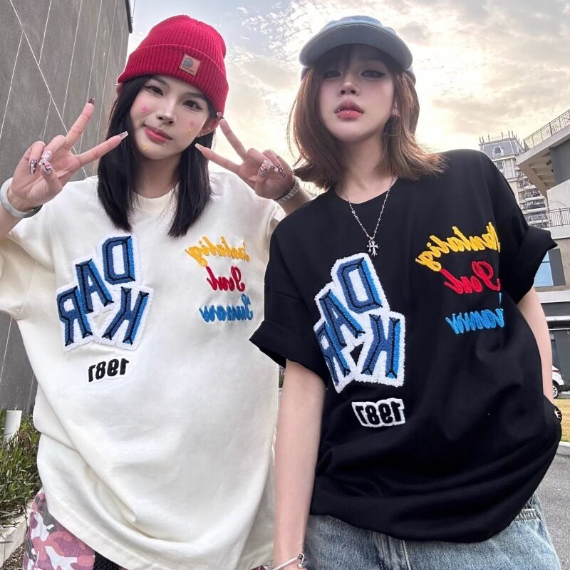 亿万少年原创美式潮流刺绣花卉短袖男女潮牌宽松百搭圆领国潮T恤