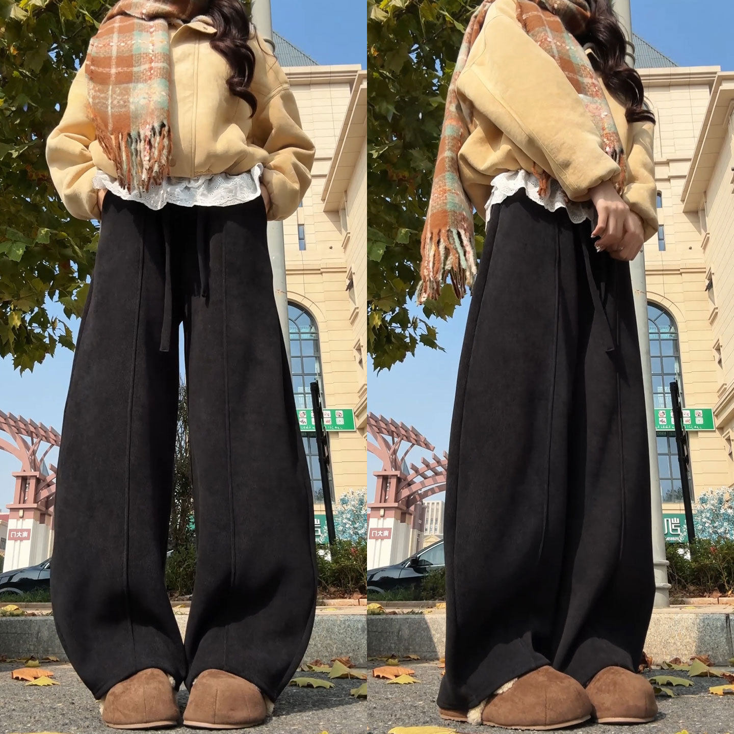 黑色灯芯绒弯刀裤女2025新款秋冬直筒休闲小个子慵懒加绒阔腿裤子,女装/女士精品,休闲裤,淘宝优惠券,粉丝福利购,淘宝优惠卷