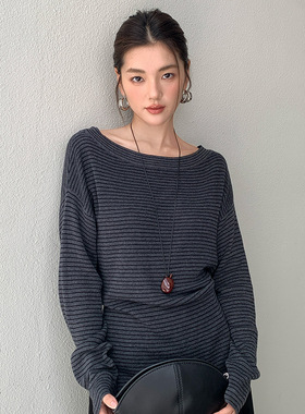 FONE简禾一字肩条纹针织衫女2025早秋设计感时髦收腰长袖T恤
