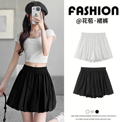 黑色花苞短裙女夏季薄2026新款高腰显瘦小个子a字蓬蓬百褶半身裙