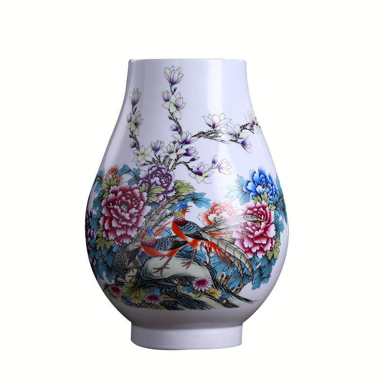 陶瓷花摆件新中式粉彩花鸟福筒花插柜台工艺品软装摆设