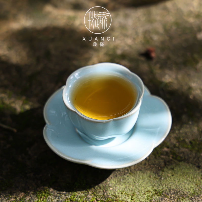 汝窑天青花瓣杯陶瓷主客人杯泡茶小茶杯家用简约套装功夫茶具