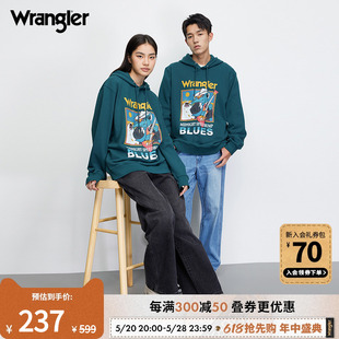 美式 Wrangler威格无性别男女情侣款 复古字母创意印花图案连帽卫衣