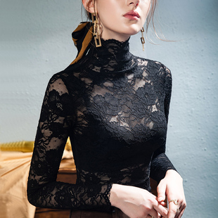 黑色高领镂空上衣0929u 秋冬长袖 蕾丝打底衫 女内搭2025新款