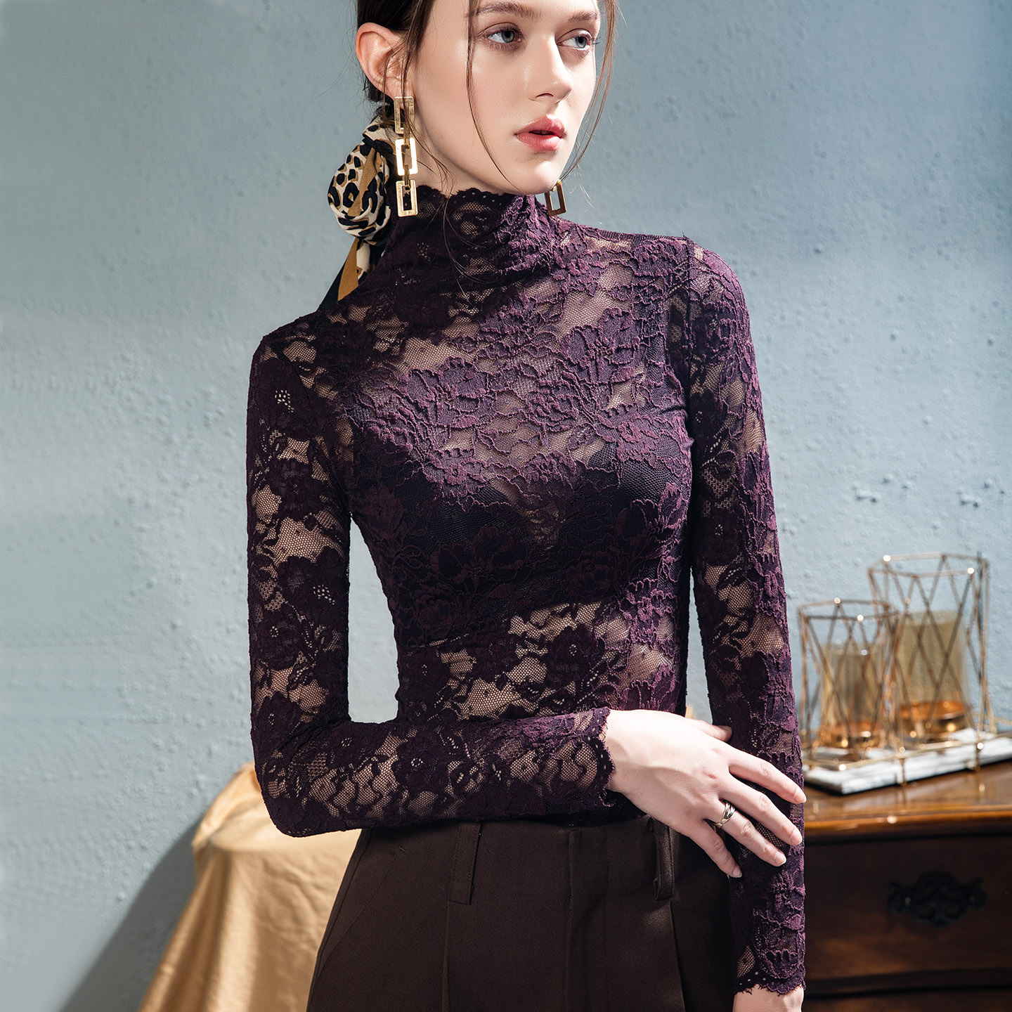 秋冬女打底衫百搭蕾丝2025新款高领镂空透上衣1119k