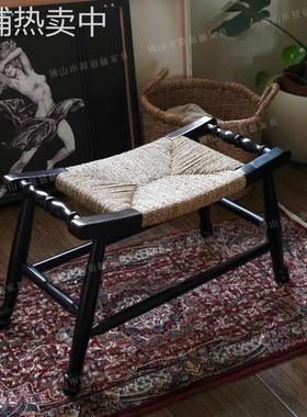 中古草绳小方凳藤编换鞋凳子入户门口玄关小凳子法式黑色床尾凳