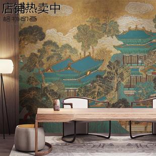 山水阁楼建筑壁纸沙发背景墙纸壁布客厅茶室饭店包间壁画 复古中式