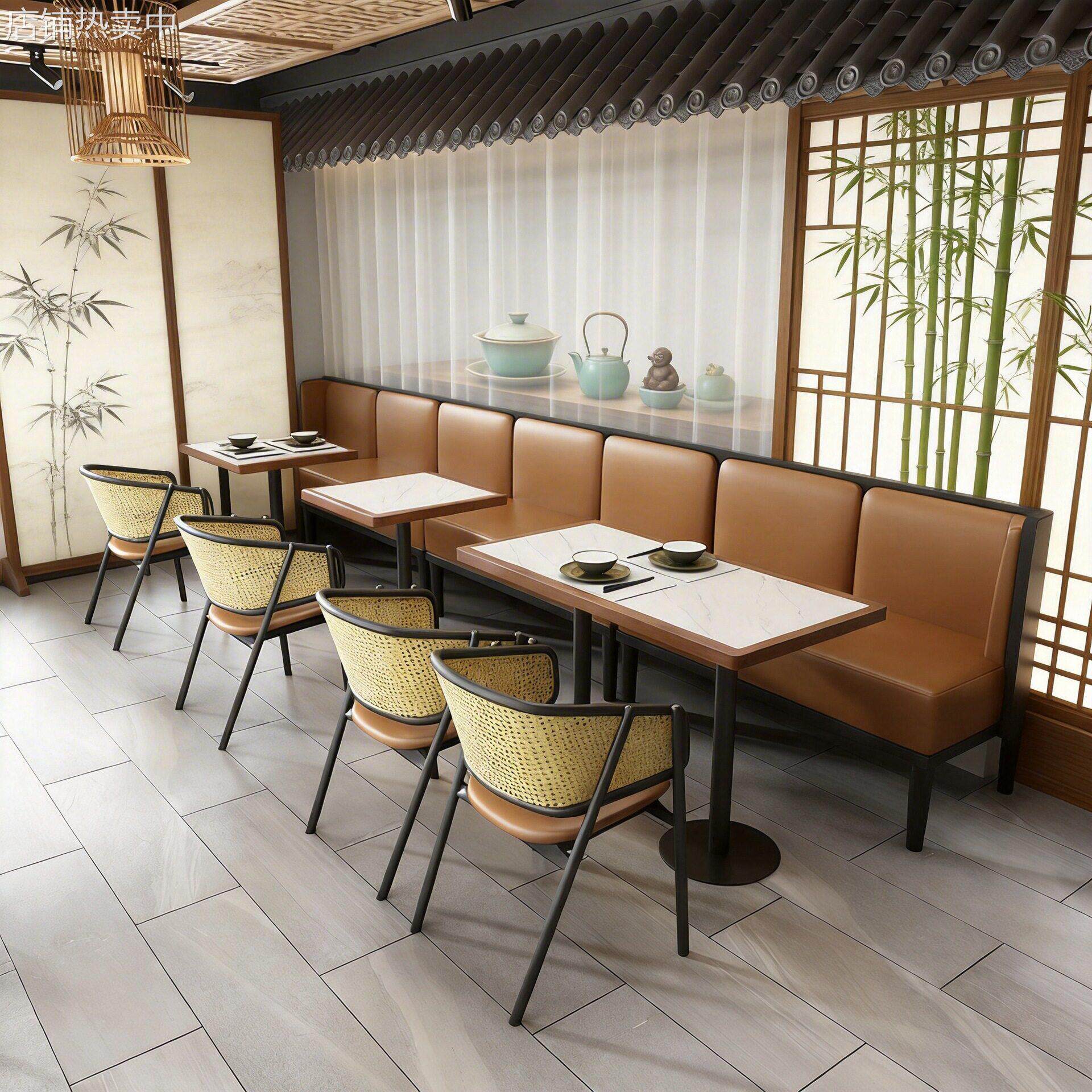 新中式咖啡厅茶楼卡座沙发酒店藤编餐椅茶餐厅饭店实木餐桌椅组合