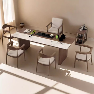 新中式茶几办公室岩板泡茶台一体大板实木原木茶桌椅组合一桌五椅