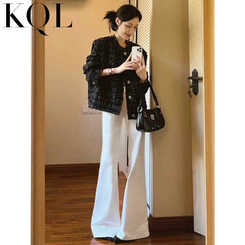 高腰微喇牛仔裤女白色马蹄喇叭裤