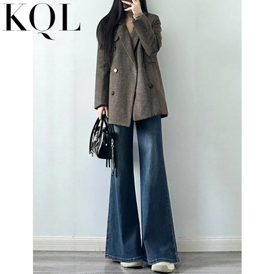 复古色微喇牛仔裤女不贴腿喇叭裤