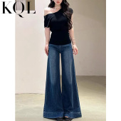 复古不贴腿直筒微喇牛仔裤 女2025早秋高腰宽松显瘦阔腿垂感喇叭裤