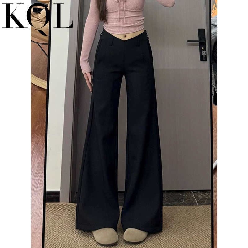 黑色侧边拉链西装裤女阔腿喇叭裤图片