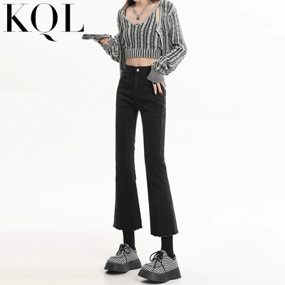 微喇牛仔裤女高腰黑色加绒小个子