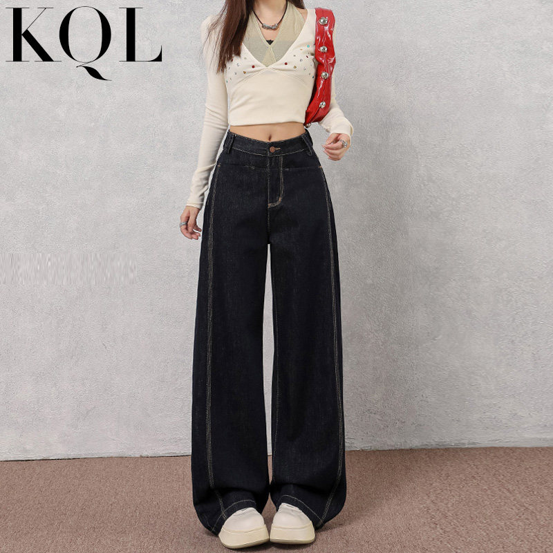 美式丹宁深蓝阔腿牛仔裤女新款秋冬季高腰宽松显瘦高个子拖地裤子,女装/女士精品,牛仔裤,淘宝优惠券,粉丝福利购,淘宝优惠卷