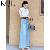 脚拖地裤 浅色大阔腿牛仔裤 象腿大裤 高腰宽松显瘦大摆裙裤 女春夏季