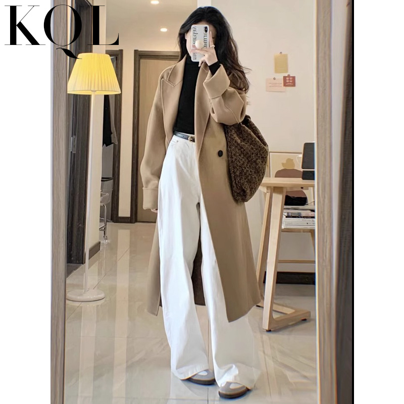 高腰阔腿牛仔裤女加绒白色直筒裤