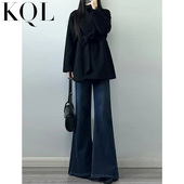 女春季 新款 遮胯弹力高腰显瘦高跟鞋 加绒不贴腿微喇牛仔裤 配喇叭裤