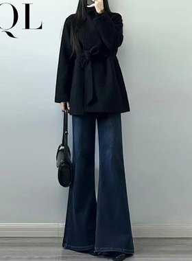 加绒不贴腿微喇牛仔裤女春季新款遮胯弹力高腰显瘦高跟鞋配喇叭裤