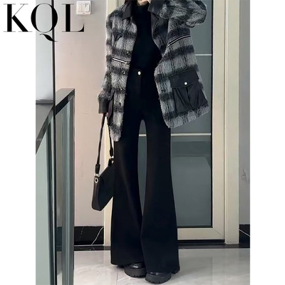 黑色微喇休闲裤女加绒加长马蹄裤