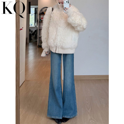 加绒复古色微喇叭牛仔裤女不贴腿