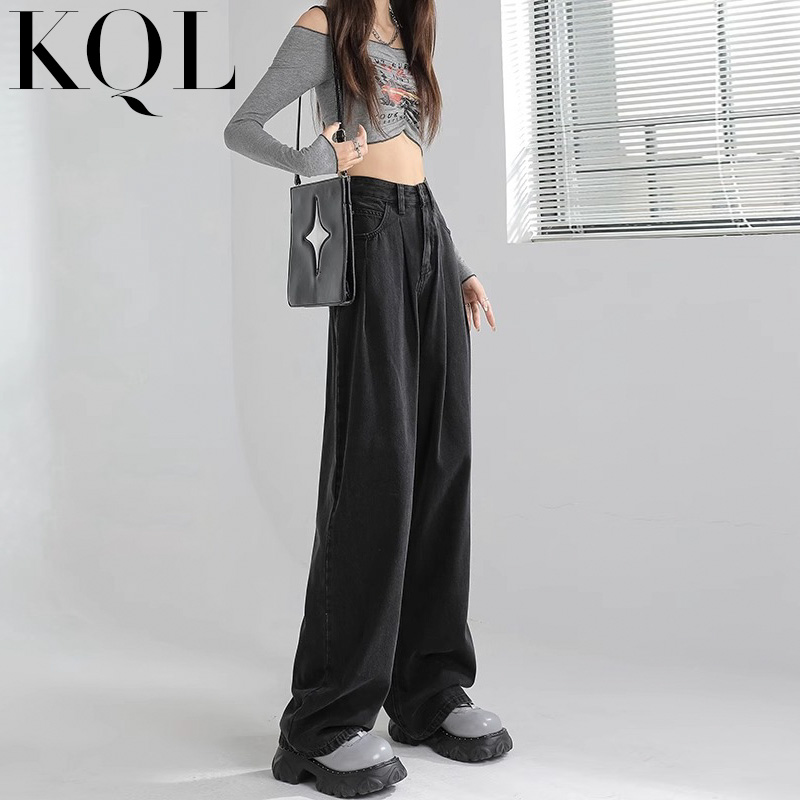 阔腿牛仔裤女高腰褶皱直筒拖地裤
