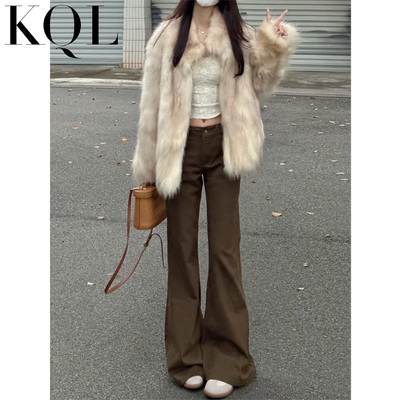 棕咖啡色加绒微喇叭牛仔裤女弹力