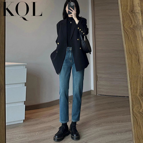 直筒牛仔裤女高腰复古宽松烟管裤