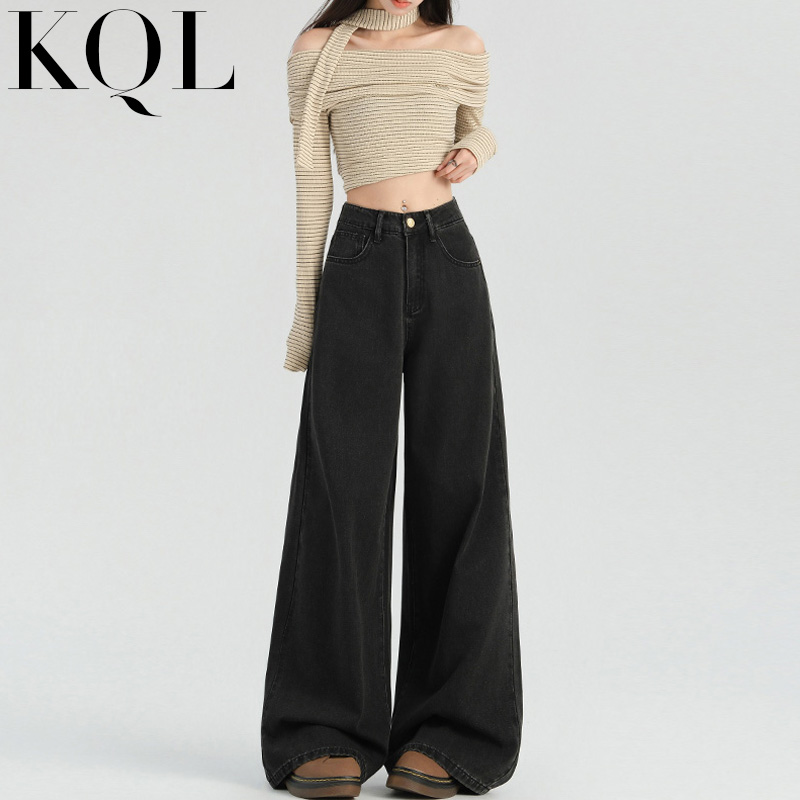 黑灰色阔腿牛仔裤女加长直筒裤